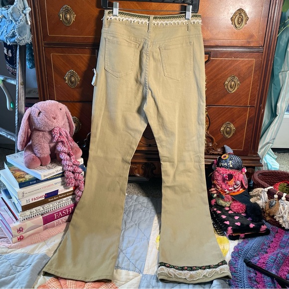 ERIKA KELLY APPAREL Upcycled soft Beige Flare Pants with Jewel Fringe & Lace